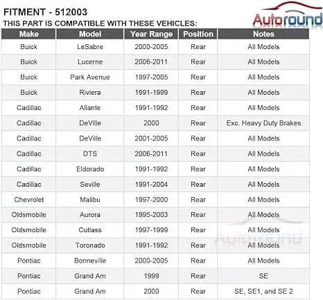 Compatibility chart for Pair Rear Wheel Hub & Bearing Assembly 512003 listing supported Buick, Cadillac, Oldsmobile, Pontiac models.