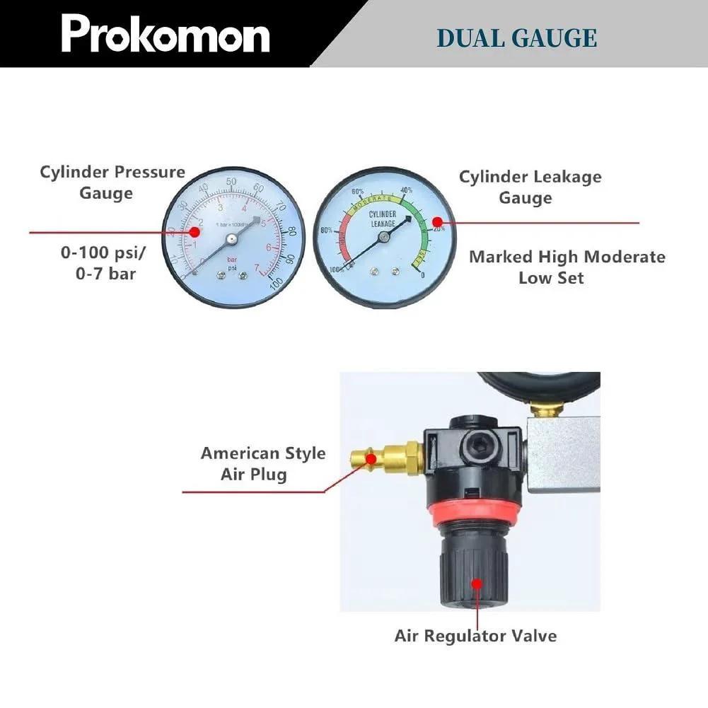 Engine Cylinder Leak Down Tester Kit For Gasoline Engines with Prokomon dual gauge set showing pressure and leakage gauges