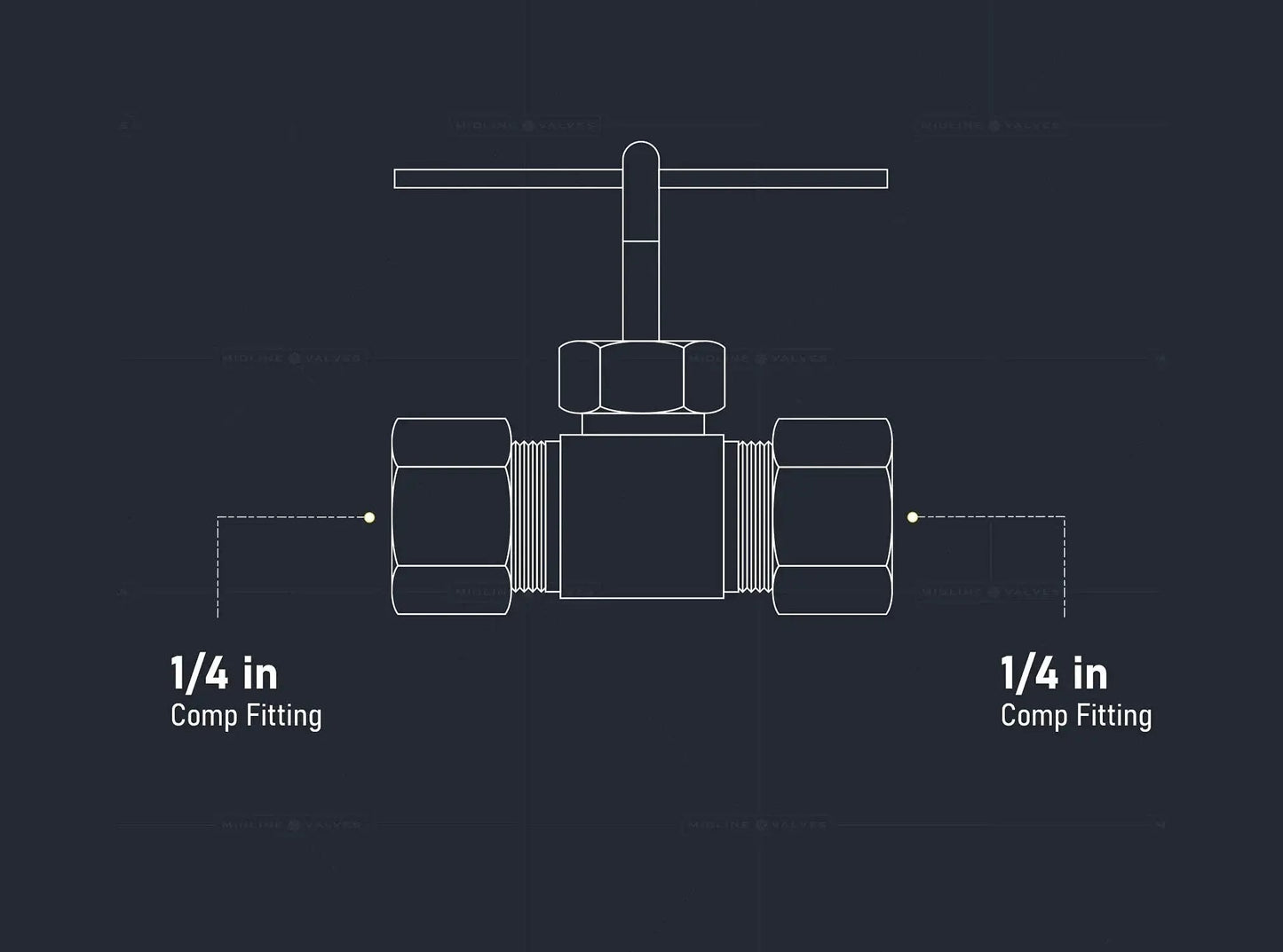 Diagram of 1 Quarter Inch Compression Straight Needle Valve Brass Lead Free, One Piece Body with 1/4 inch fittings shown.