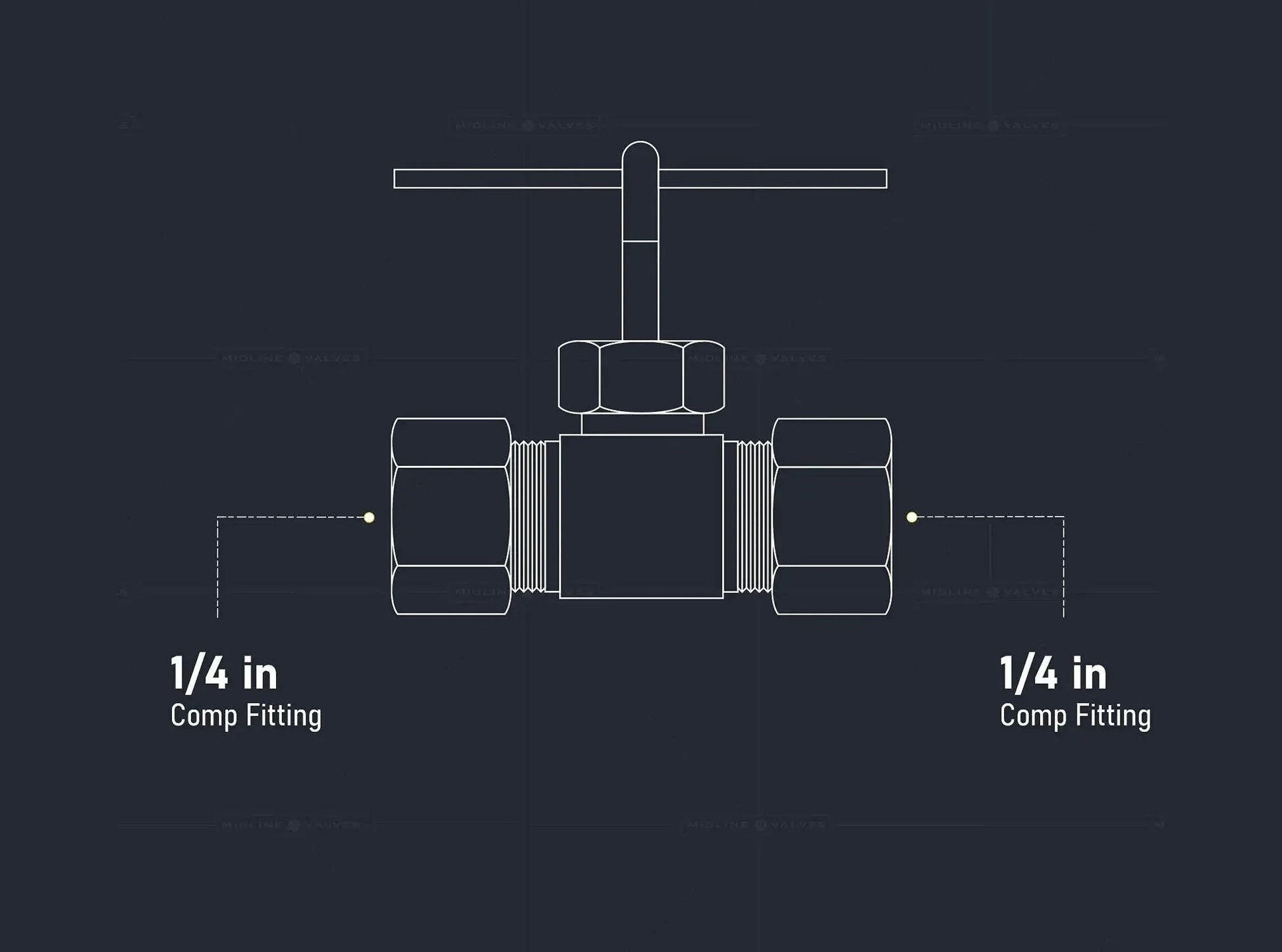 Diagram of 1 Quarter Inch Compression Straight Needle Valve Brass Lead Free, One Piece Body with 1/4 inch fittings shown.