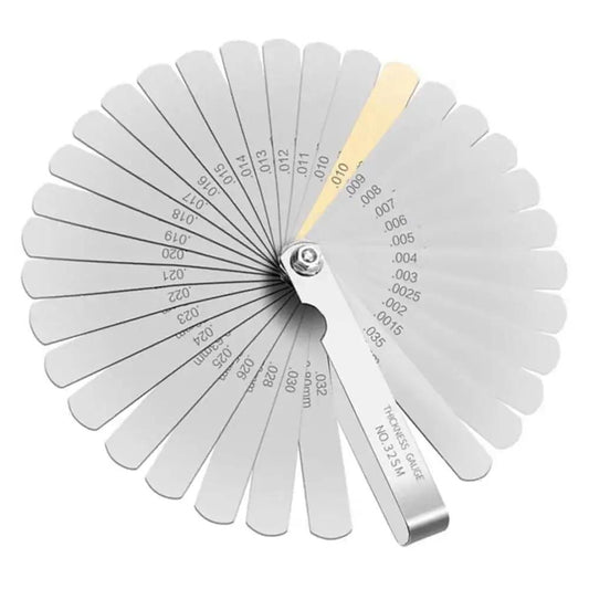 32 Blade Tapered Feeler Gauge Set In Stainless Steel With Dual Metric And SAE Markings For Valve Clearance And Thickness Measurement Pro Grade Folding Design For Easy Storage And Access In Tight Spaces.