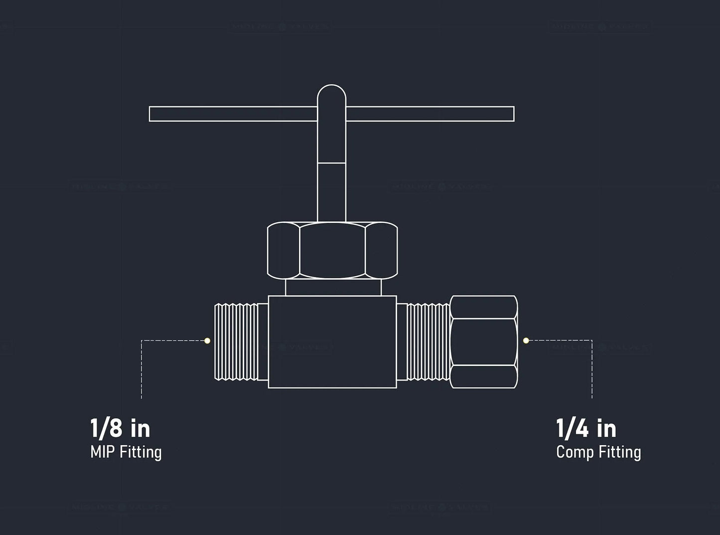 Diagram of a One Quarter Inch Compression To One Eighth Inch MIP Straight Needle Valve in Lead Free Brass, one piece body