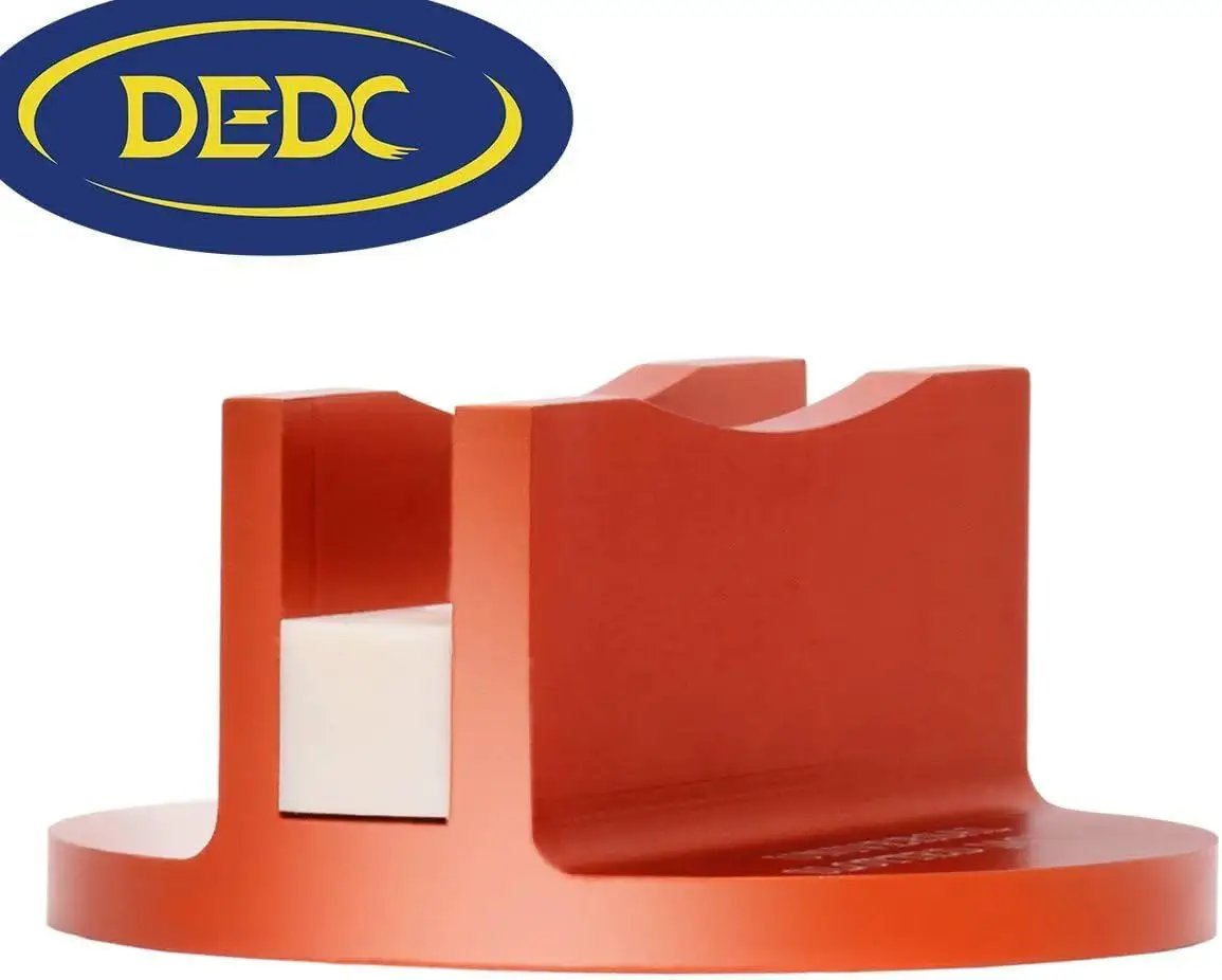 Side view of Aluminum Grooved Magnetic Jack Pad Pinch Weld Frame Rail Adapter For Cars, showing red aluminum body and grooved design.