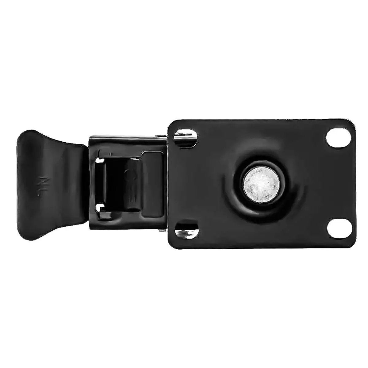 Top view of a swivel caster wheel mount with a rubber base and total lock brake for heavy-duty carts and tool boxes.