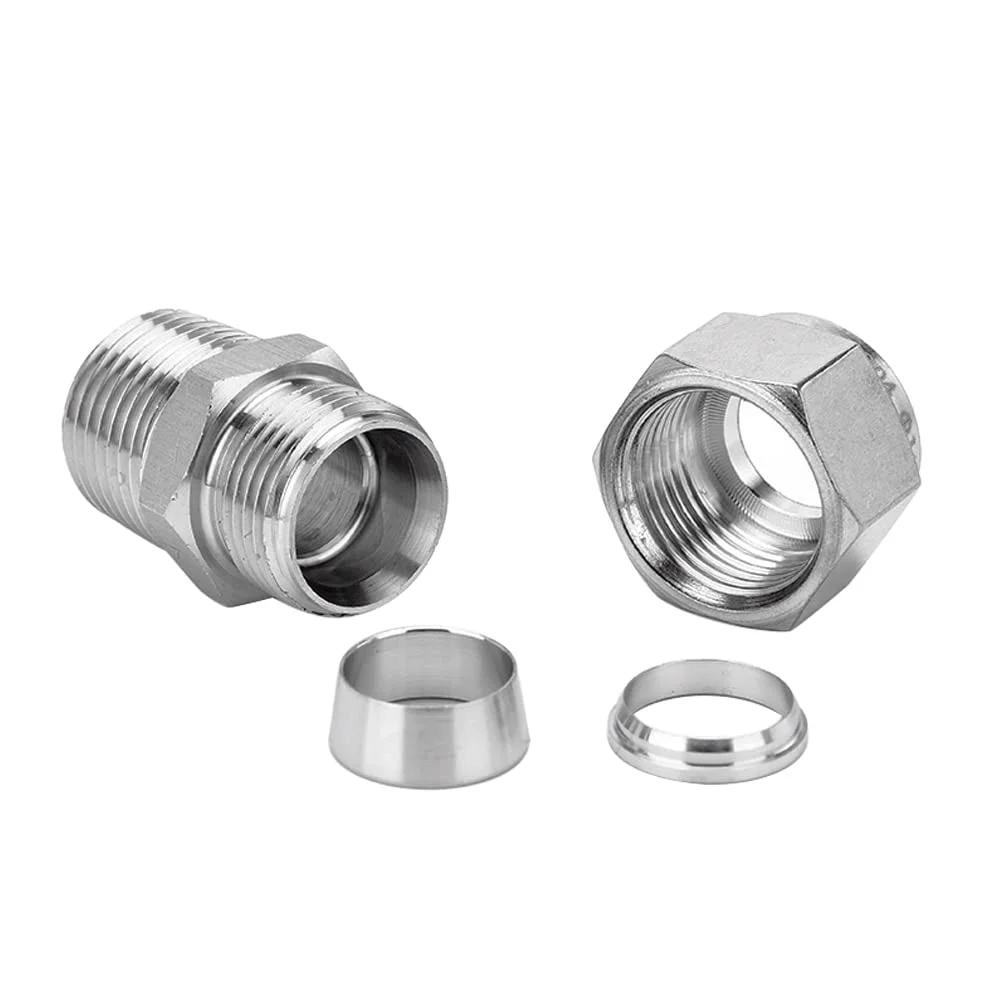 Compression Fitting 1/4 Inch Tube OD To 1/4 Inch NPT Male Straight Coupler With Double Ferrules, 2 Pack, stainless steel components.