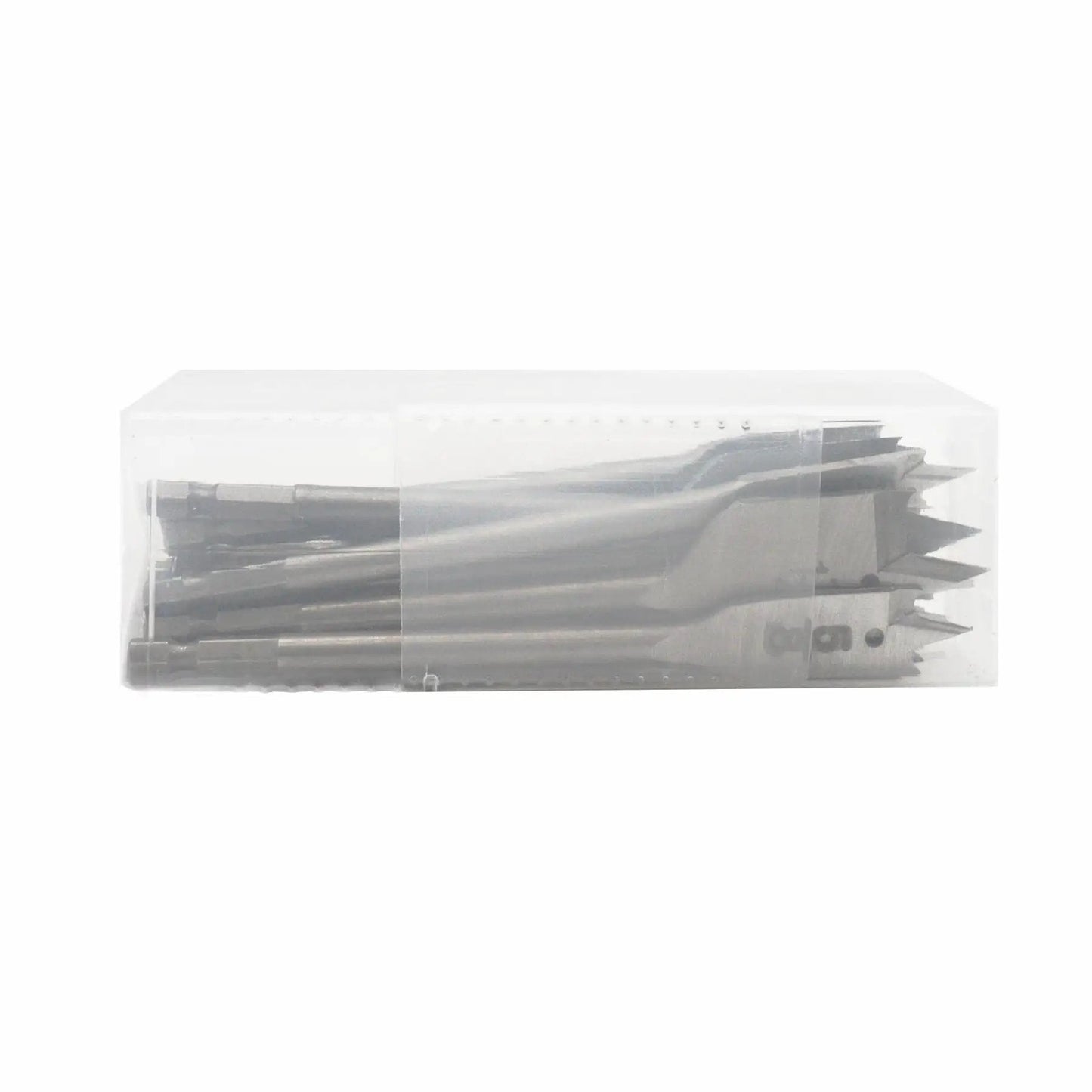 Clear box containing 13 Piece Spade Drill Bit Set One Quarter To One And One Half Inch With Quick Change Hex Shank For Woodworking By Wisechain
