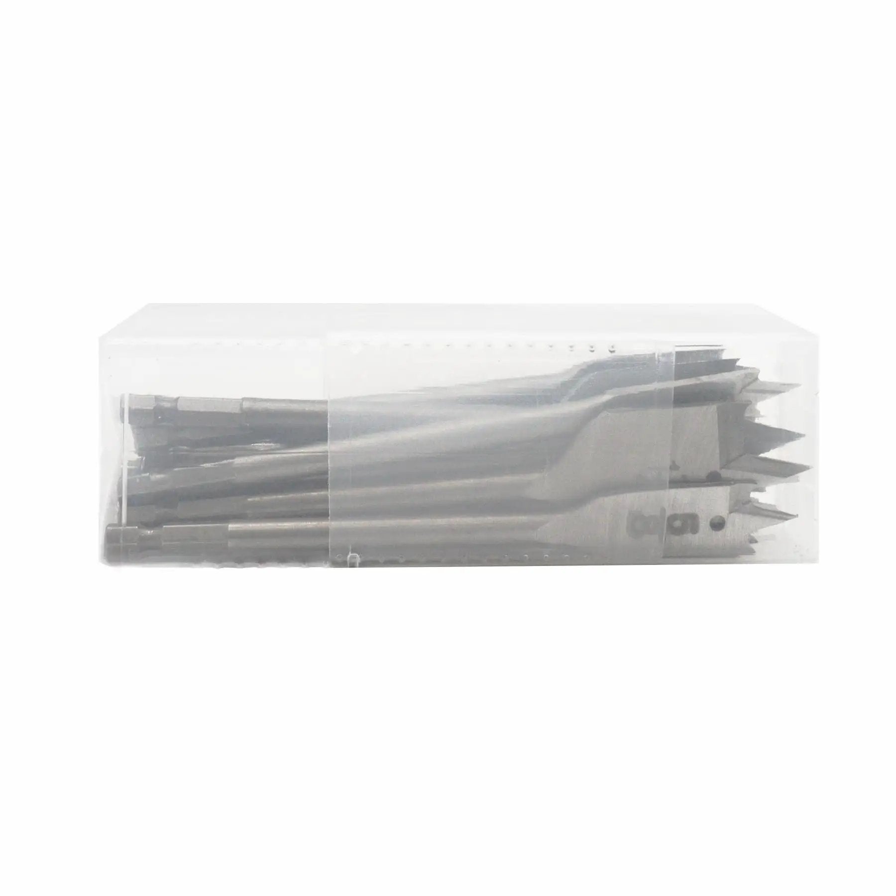 Clear box containing 13 Piece Spade Drill Bit Set One Quarter To One And One Half Inch With Quick Change Hex Shank For Woodworking By Wisechain