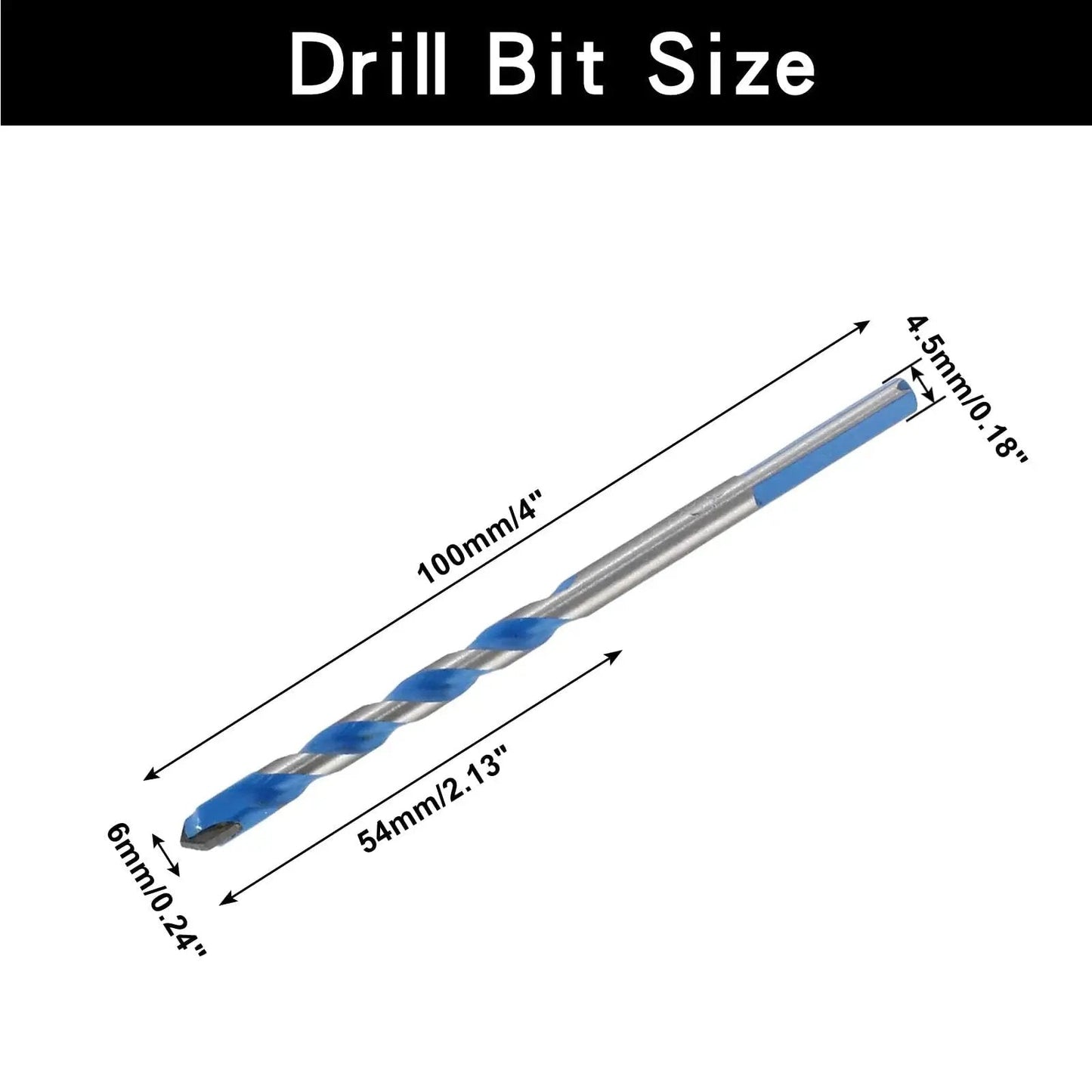 Single drill bit from the Five Piece 6mm Masonry Drill Bits Set Carbide 0.24 Inch For Concrete Tile Glass Ceramic Brick And Wood with size dimensions