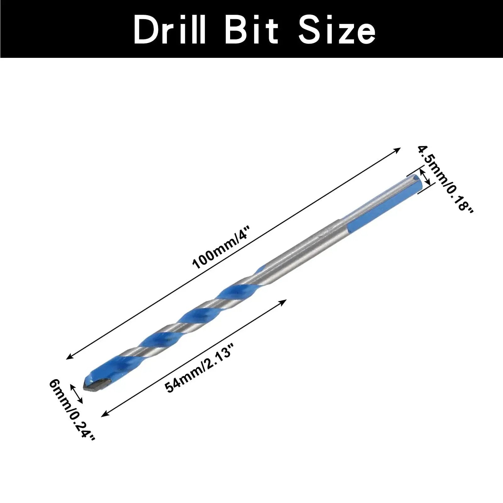 Single drill bit from the Five Piece 6mm Masonry Drill Bits Set Carbide 0.24 Inch For Concrete Tile Glass Ceramic Brick And Wood with size dimensions
