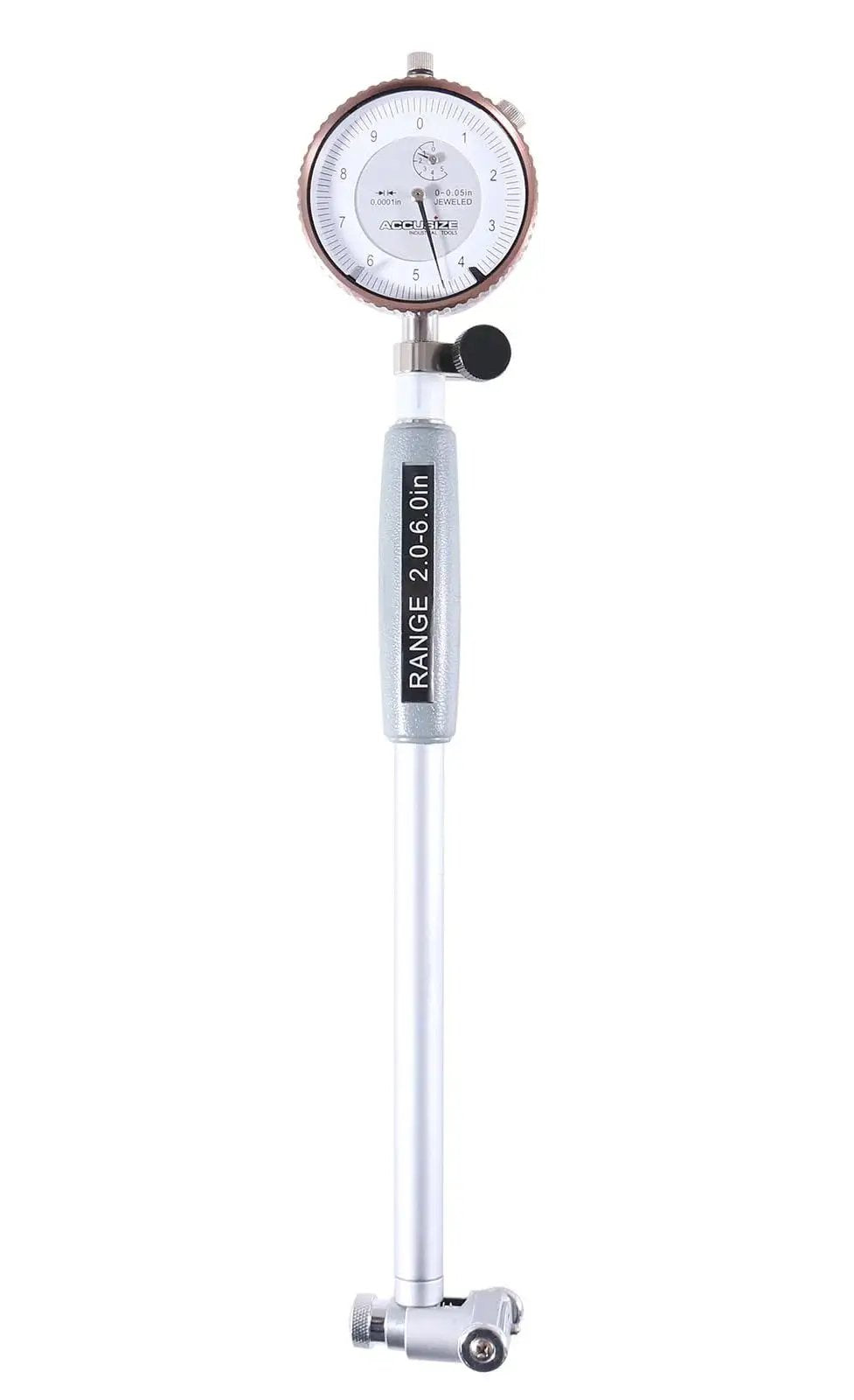 Dial Bore Gauge Set For 2 To 6 Inch Range With 0.0001 Inch Graduation And 6 Inch Stem Includes Extension Holder And Case Chrome Plated Handle Insulated Self Centering Grip Pro Grade Accuracy To 0.0003 Inch From Accusize Industrial Tools Ee20 1006 showing front view.