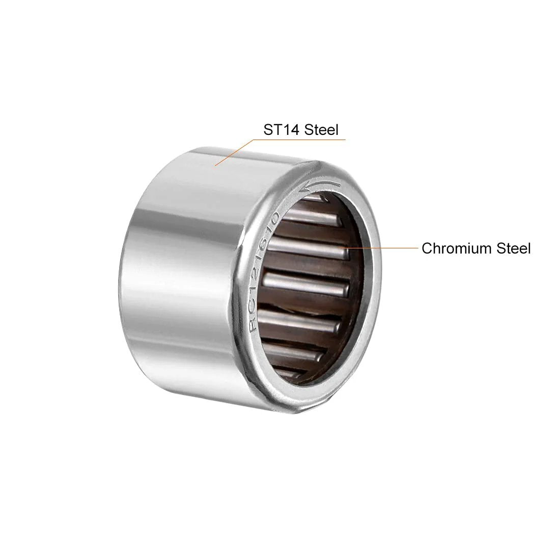 Front view of RC121610 One Way Needle Roller Bearing Set Three Quarter Bore 1 Inch OD Five Eighths Wide Two Pack Pre Lubricated GCr15 Steel Rollers