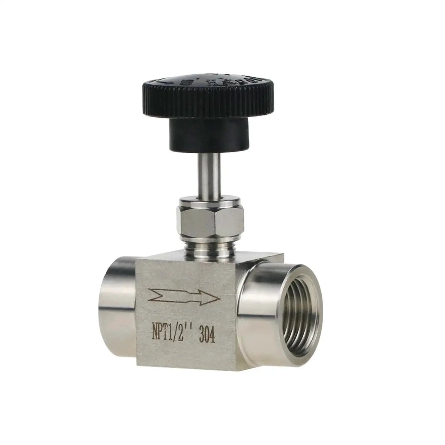 Stainless Steel Needle Valve 304 FNPT Half Inch Female Straight High Pressure Flow Control For Water Oil Gas Systems And Industrial Hydraulic Applications Up To 900 PSI Angry Pony Pro, side angle view