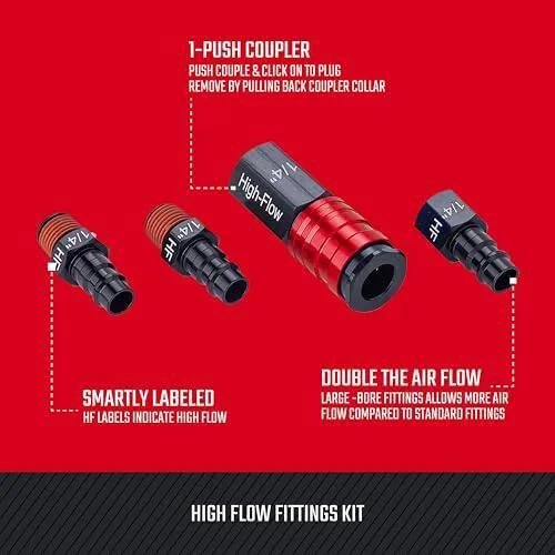 High Flow Aluminum Air Fittings Kit, Four Piece Set With One Quarter Inch NPT Threads, Big Bore For Maximum Airflow And Faster Tool Performance, Compatible With Industrial Automotive ARO Lincoln And Universal Plugs Craftsman, showing labeled parts on red background.