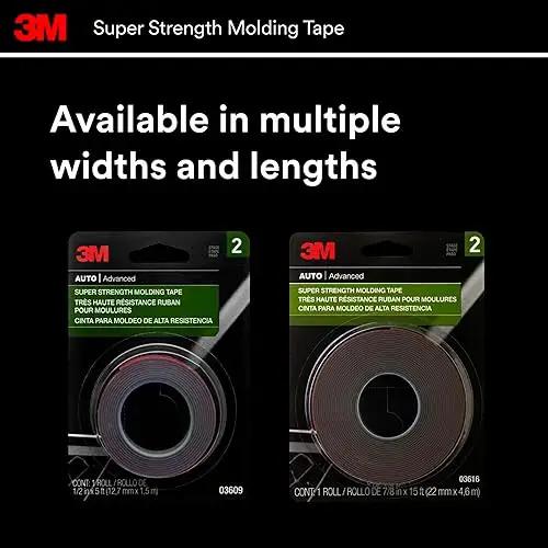 Super-Strength Molding Tape 1/2 in x 15 ft Single Roll High-Strength Double-Sided Automotive Trim Adhesive Permanent Bond for Side Moldings Emblems Interior and Exterior Vehicles 03614 available in multiple sizes.