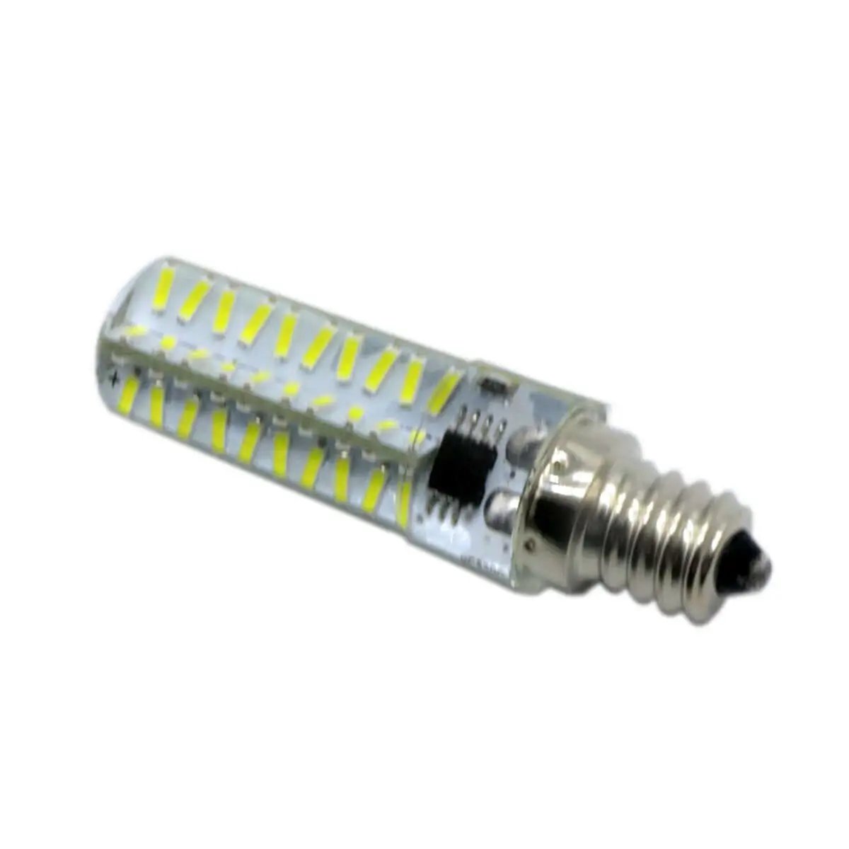 LED bulb with cylindrical shape, showing multiple small LED chips on a silver base, suitable for various lighting fixtures.