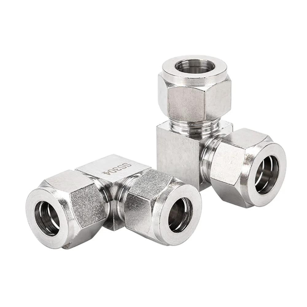 Heavy Duty 304 Stainless Steel Compression Tube Fitting 90 Degree Elbow For Tubing To Pipe Three Eighths Inch OD X Three Eighths Inch OD Twin Ferrule Leakproof High Pressure Seal Pysrych close-up