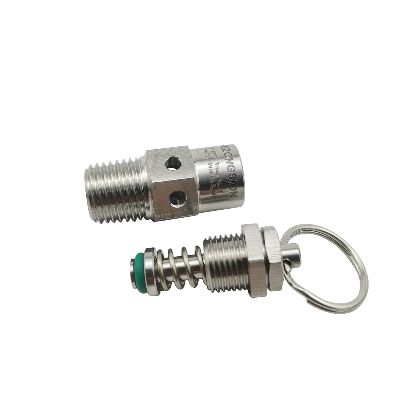 Adjustable One Quarter Inch NPT Male Pressure Relief Safety Valve With 0 to 40 PSI Range and 30 PSI Set Point, Made From SS304 Stainless Steel, FKM Seal, Tmax 356 F, Heavy Duty Industrial Grade