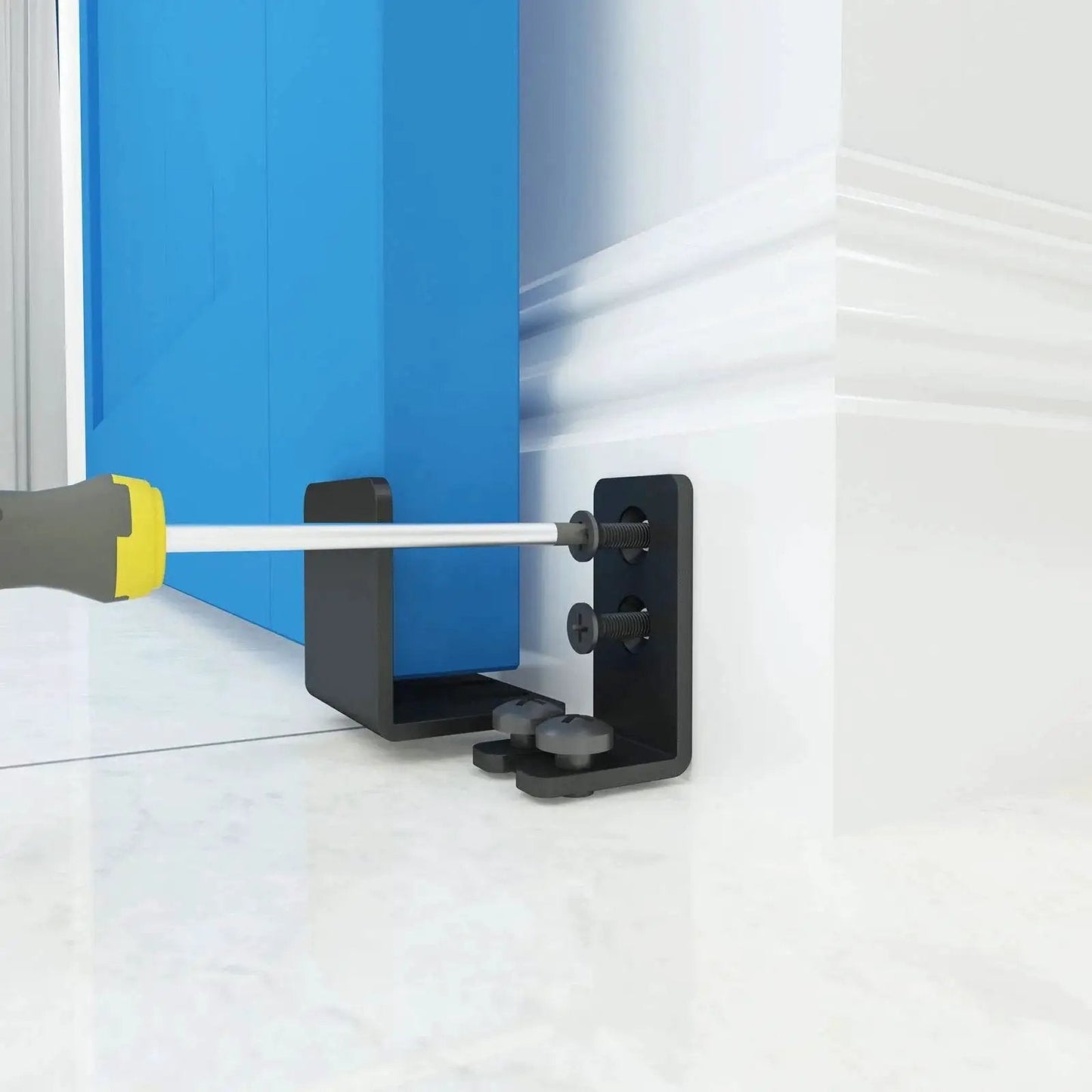Installing Matte Black Floor Guide For Wall Mount Sliding Barn Door Hardware Set Of 2 on a blue door for proper clearance