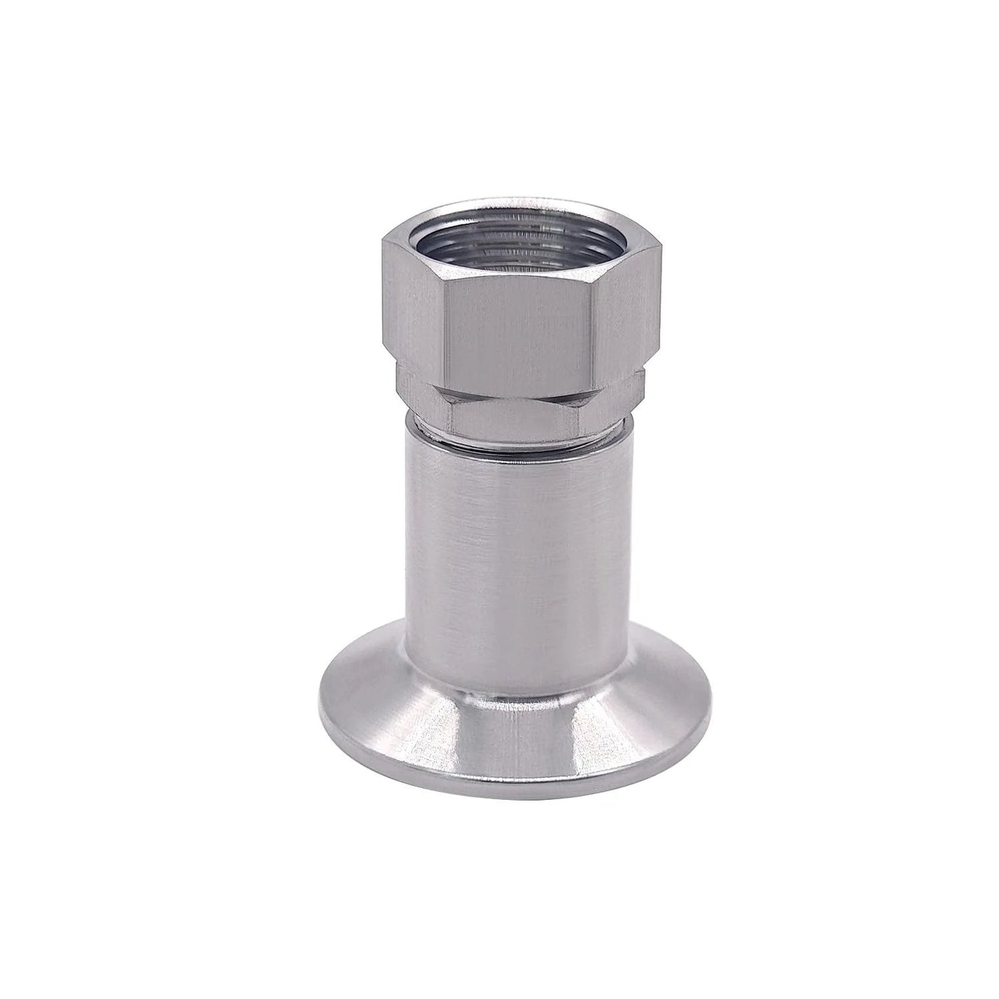 Stainless Steel Garden Hose Tri Clamp Fitting 1.5 TC To 3 Quarter GHT Female Adapter shown in profile, 304 stainless steel construction.