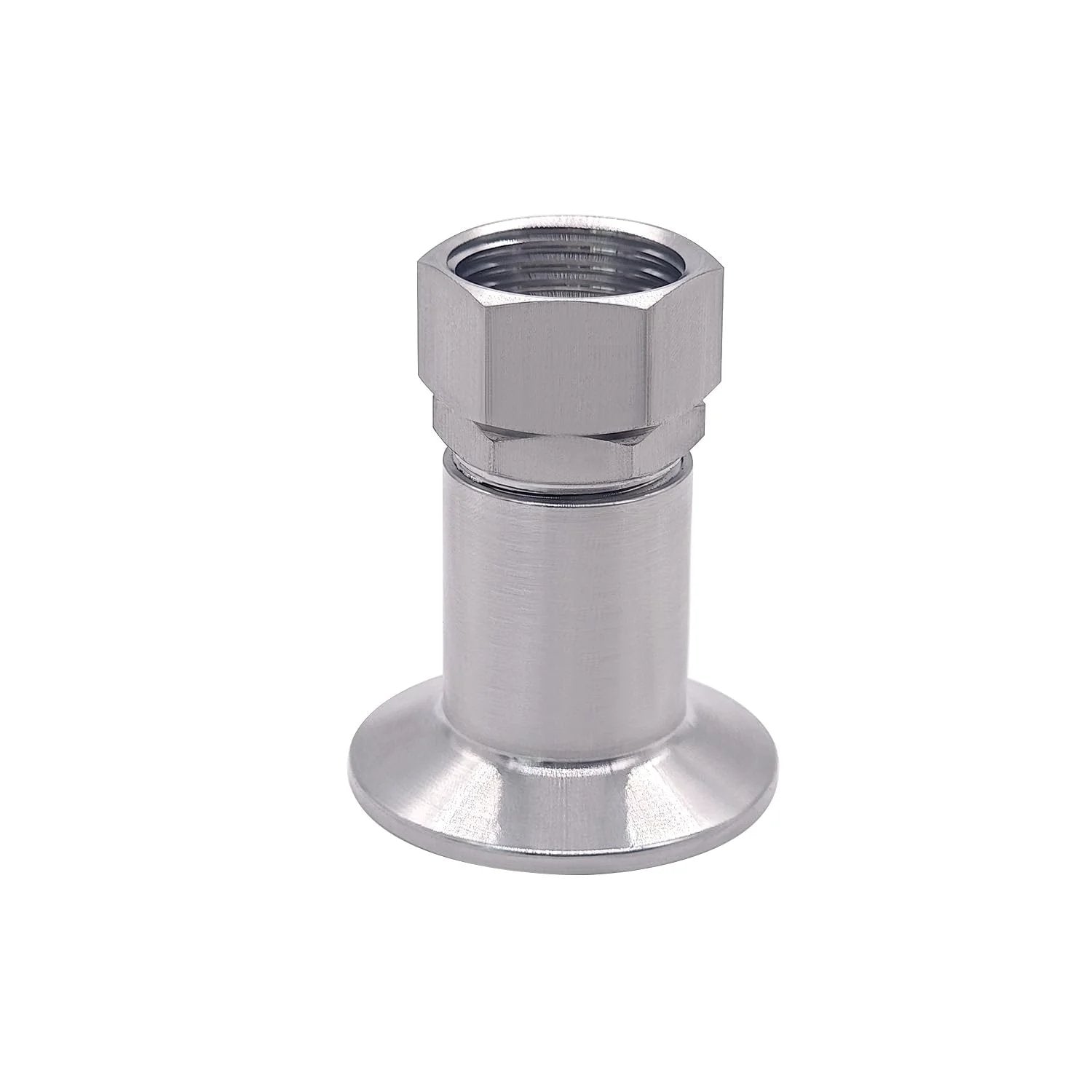 Stainless Steel Garden Hose Tri Clamp Fitting 1.5 TC To 3 Quarter GHT Female Adapter shown in profile, 304 stainless steel construction.
