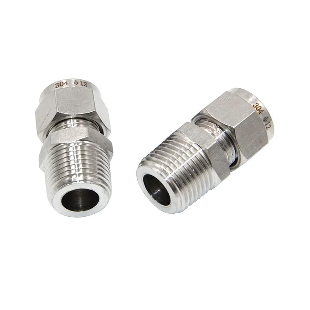 Compression Fitting 1/4 Inch Tube OD To 1/4 Inch NPT Male Straight Coupler With Double Ferrules, 2 Pack, stainless steel