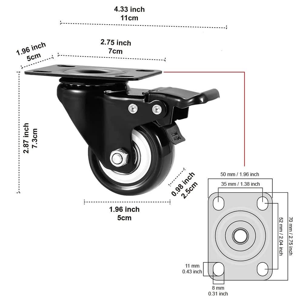 2" Caster Wheels Set of 4, Heavy Duty with Brake - Locking Polyurethane (PU) No Noise Swivel Plate Casters, Pack of 4 dimensions image