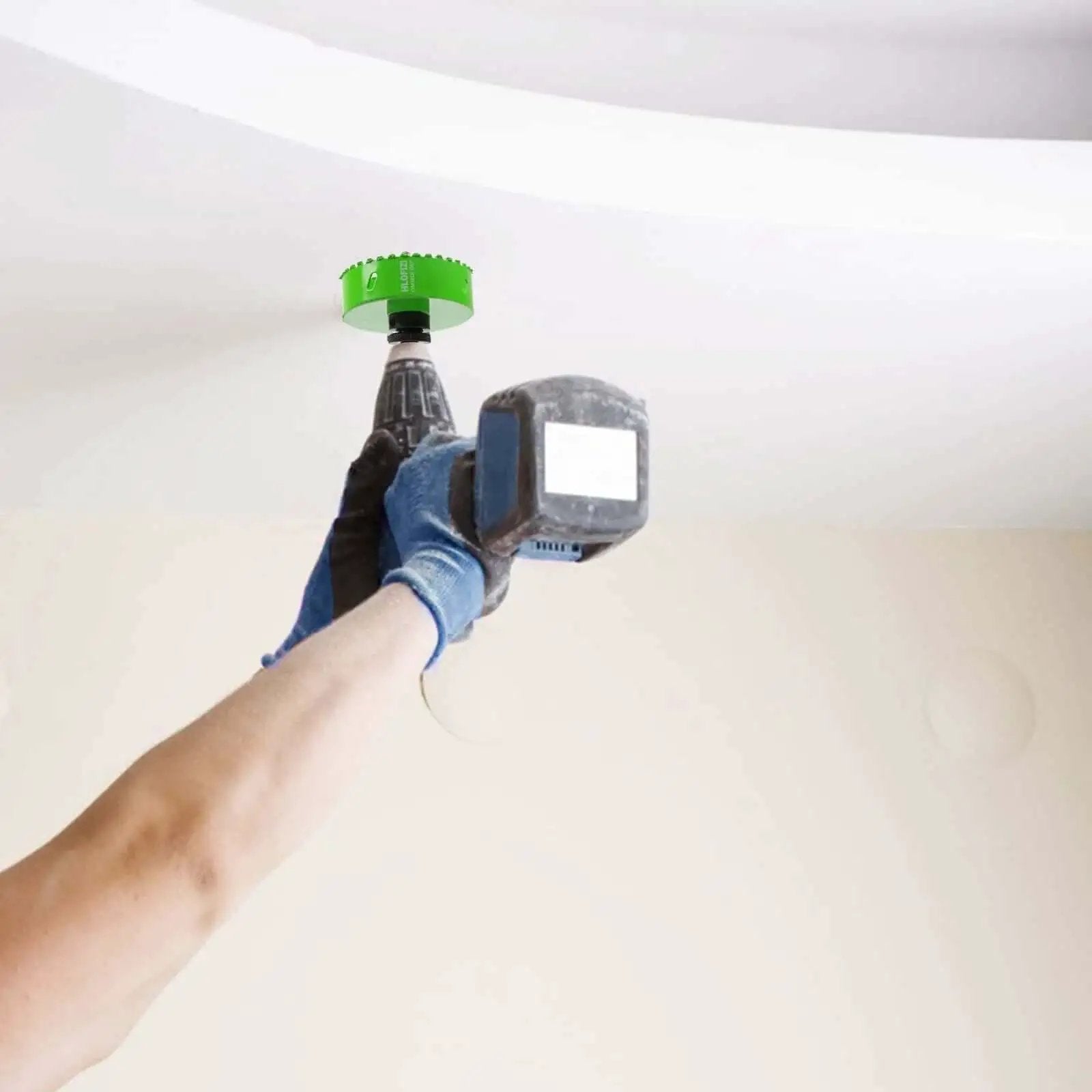 Drilling with Six And A Quarter Inch Carbide Grit Hole Saw For Six Inch Recessed Lighting Installations, Cuts Through Stucco Drywall Plaster Cement Board And Plastic, Depth One And A Half Inch, Longer Life, Arbor Seven Sixteenth Inch, Fits Half Inch Chuck