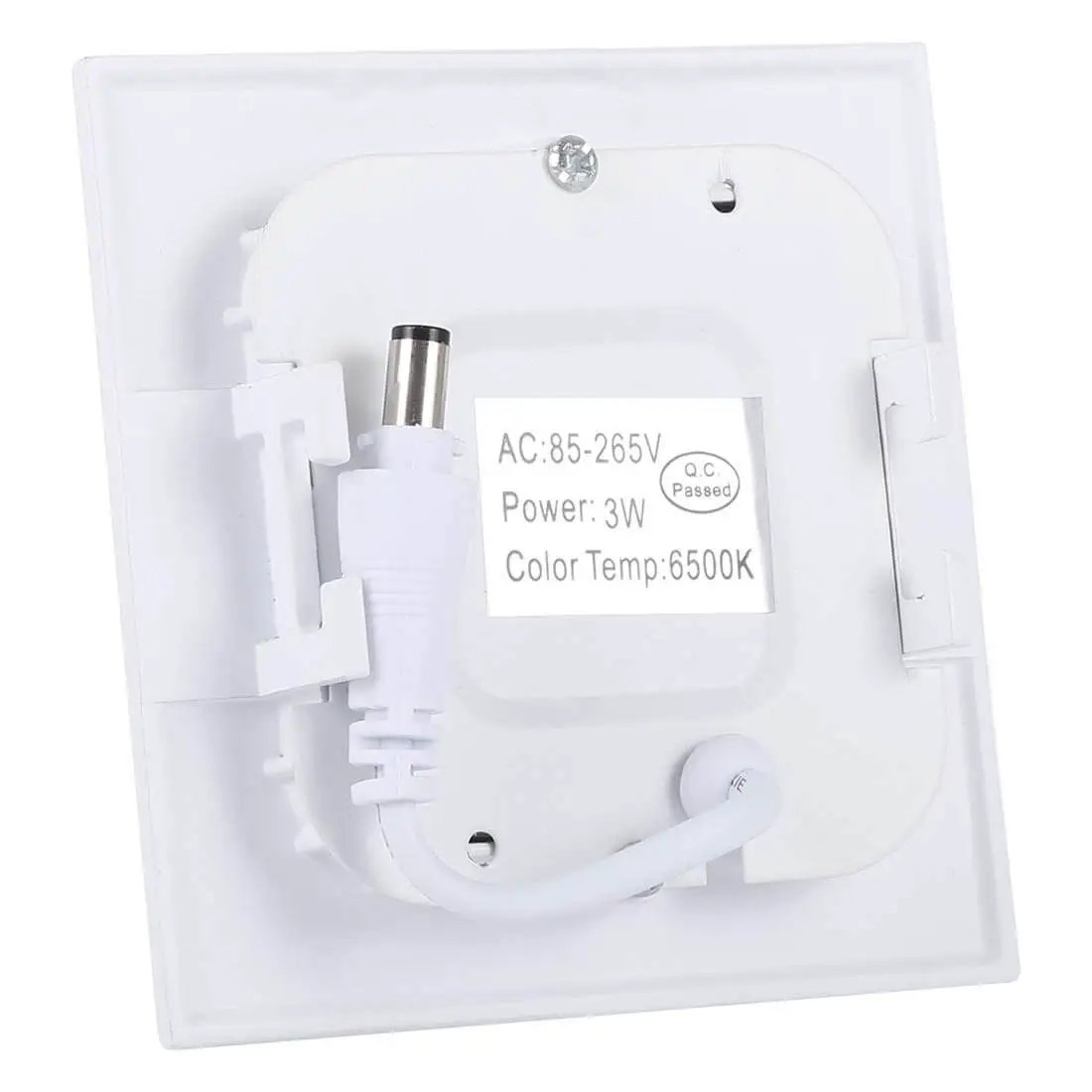 Back view of LED panel light showing power specifications and white cord