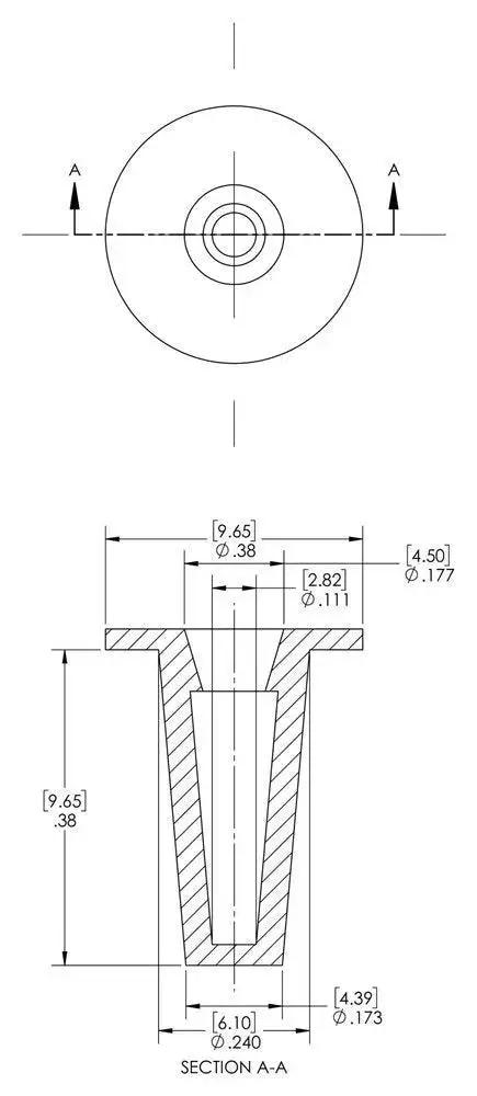 Technical drawing of Tapered Red LD-PE Cap and Plug Set for Dust and Moisture Seals, Cap OD 0.111 in, Plug ID 0.24 in, by Caplugs.