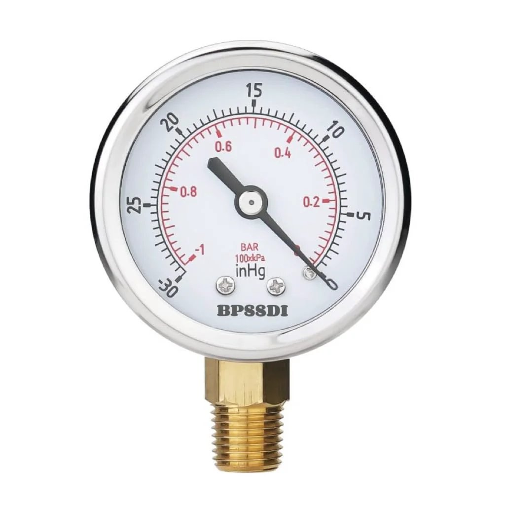 Rugged Vacuum And Pressure Gauge With 2.5 Inch Dial For Pneumatic Air Compressors RV Regulators And Testers, 30 InHg Vacuum