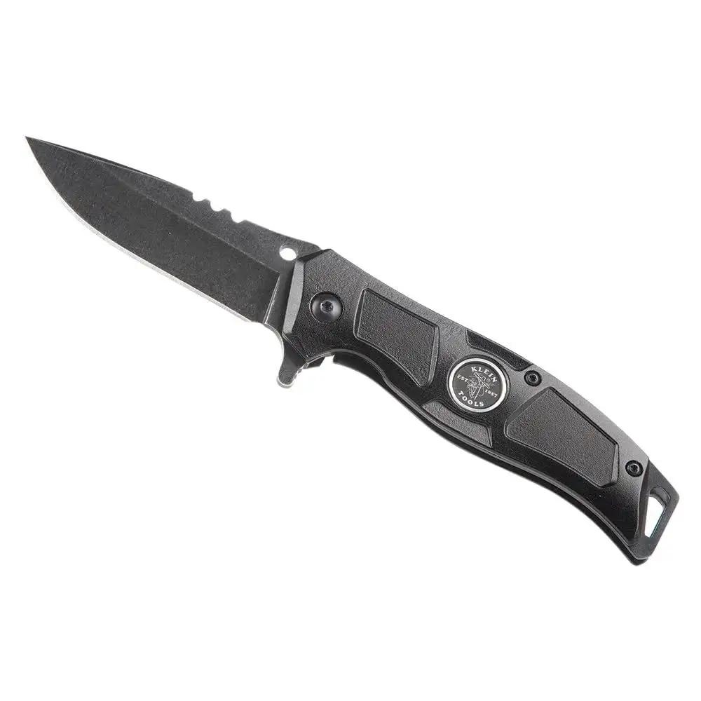 Folding Pocket Knife For Electricians With Bearing Assist Flipper And Frame Lock Black Handle Drop Point Stainless Steel Blade