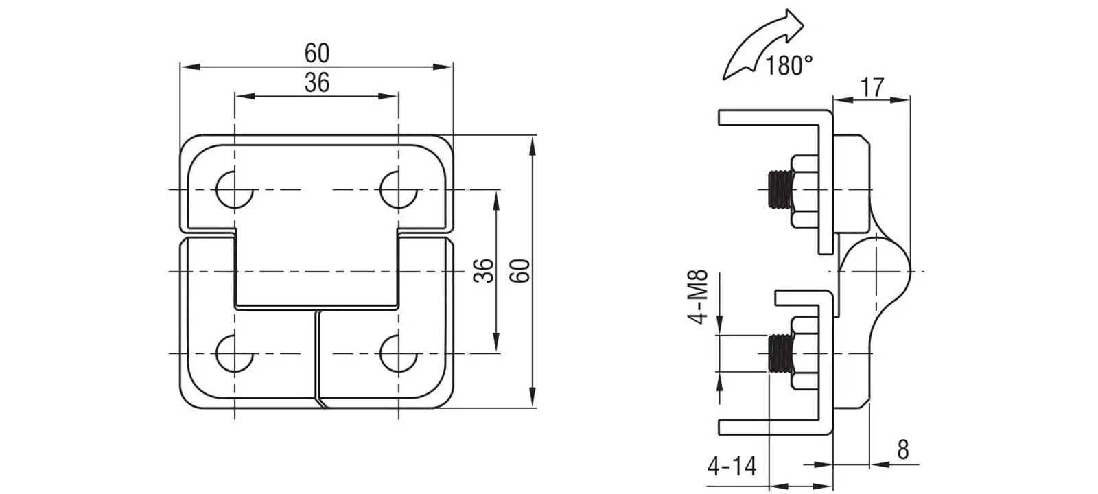 Technical diagram of Zinc Alloy Hydraulic Gate Hinge With Constant Friction Torque For 40x40 50x50 60x60 Doors And Cabinets Heavy Duty
