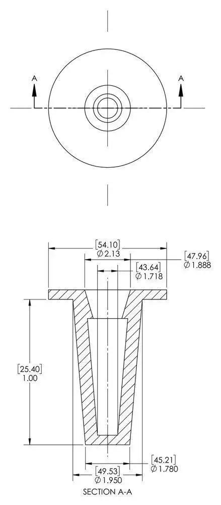 Technical drawing of Tapered Cap And Plug Set For SAE Fittings And Hydraulic Applications, Red LDPE, Cap OD 1.718 In, Plug ID 1.95 In.
