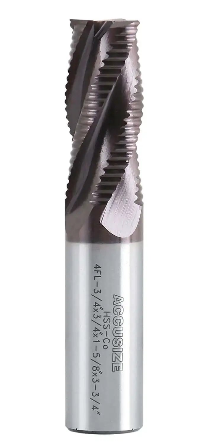 Beefy Roughing End Mill TiAlN Coated M42 Cobalt With Standard Tooth Four Flute Three Quarter Inch Diameter Three Quarter Inch Shank