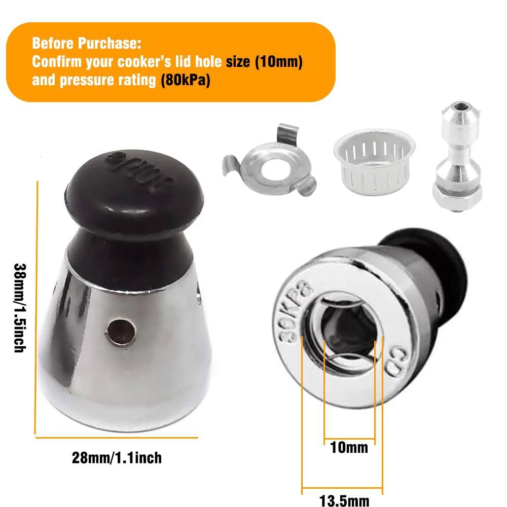 Universal 80kPa Pressure Cooker Jigger Valve Replacement shown with exhaust rod, 10mm hole fitting, stainless steel and plastic build