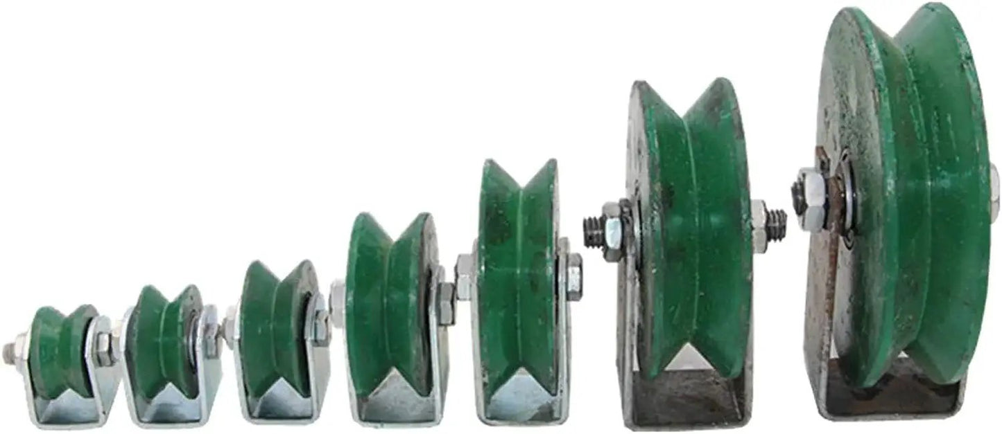Heavy Duty Cast Iron Plate Caster Wheel With V Groove For Inverted Track in various sizes displayed in a row