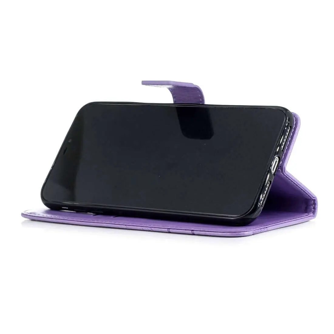 Purple phone stand case holding a smartphone horizontally