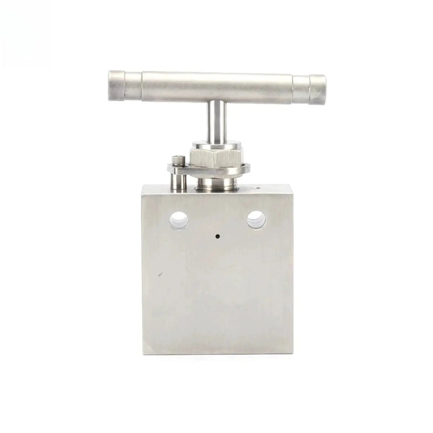 Front view of high pressure 20000 psi ultra high needle valve stainless steel for hydraulic systems, one quarter inch port.