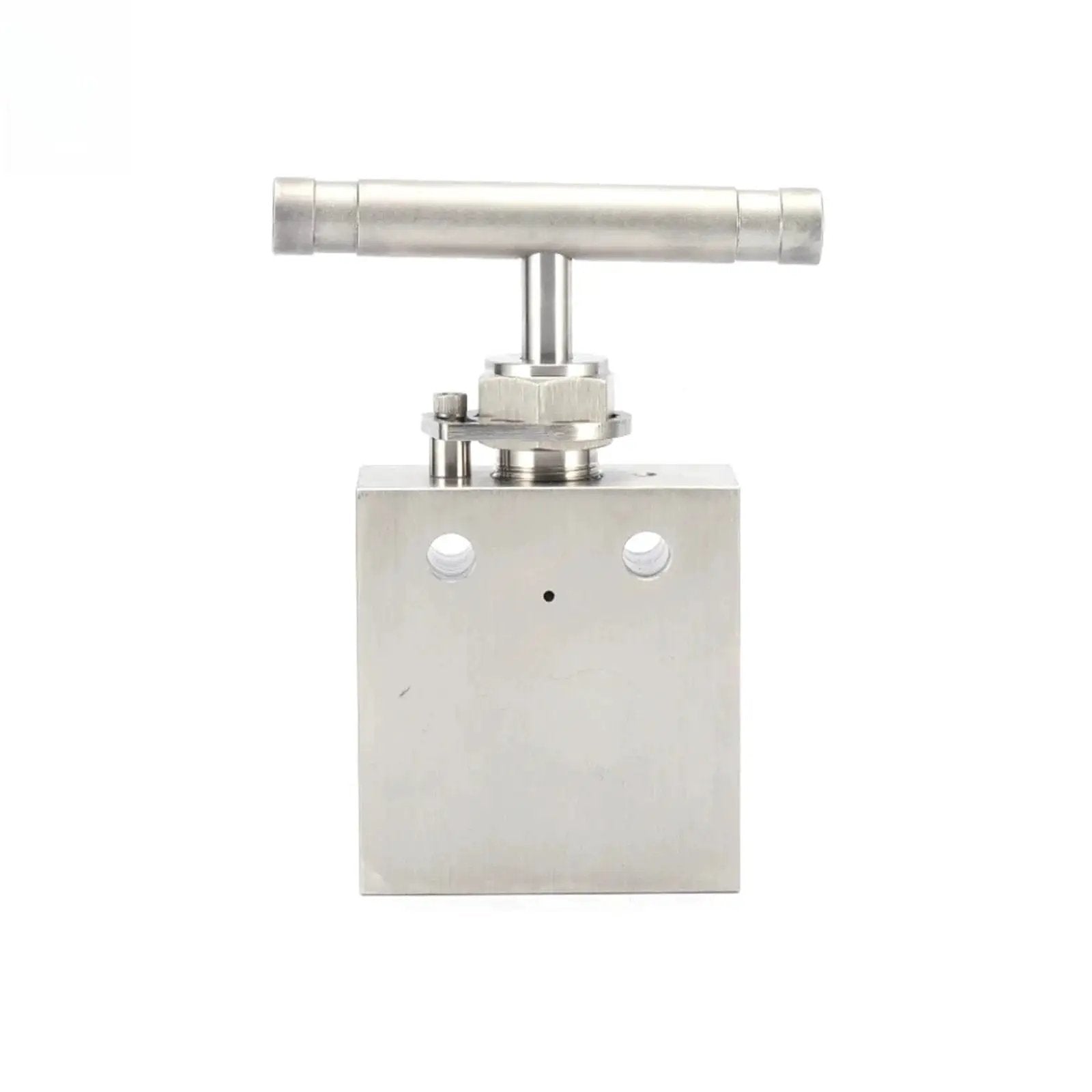 Front view of high pressure 20000 psi ultra high needle valve stainless steel for hydraulic systems, one quarter inch port.
