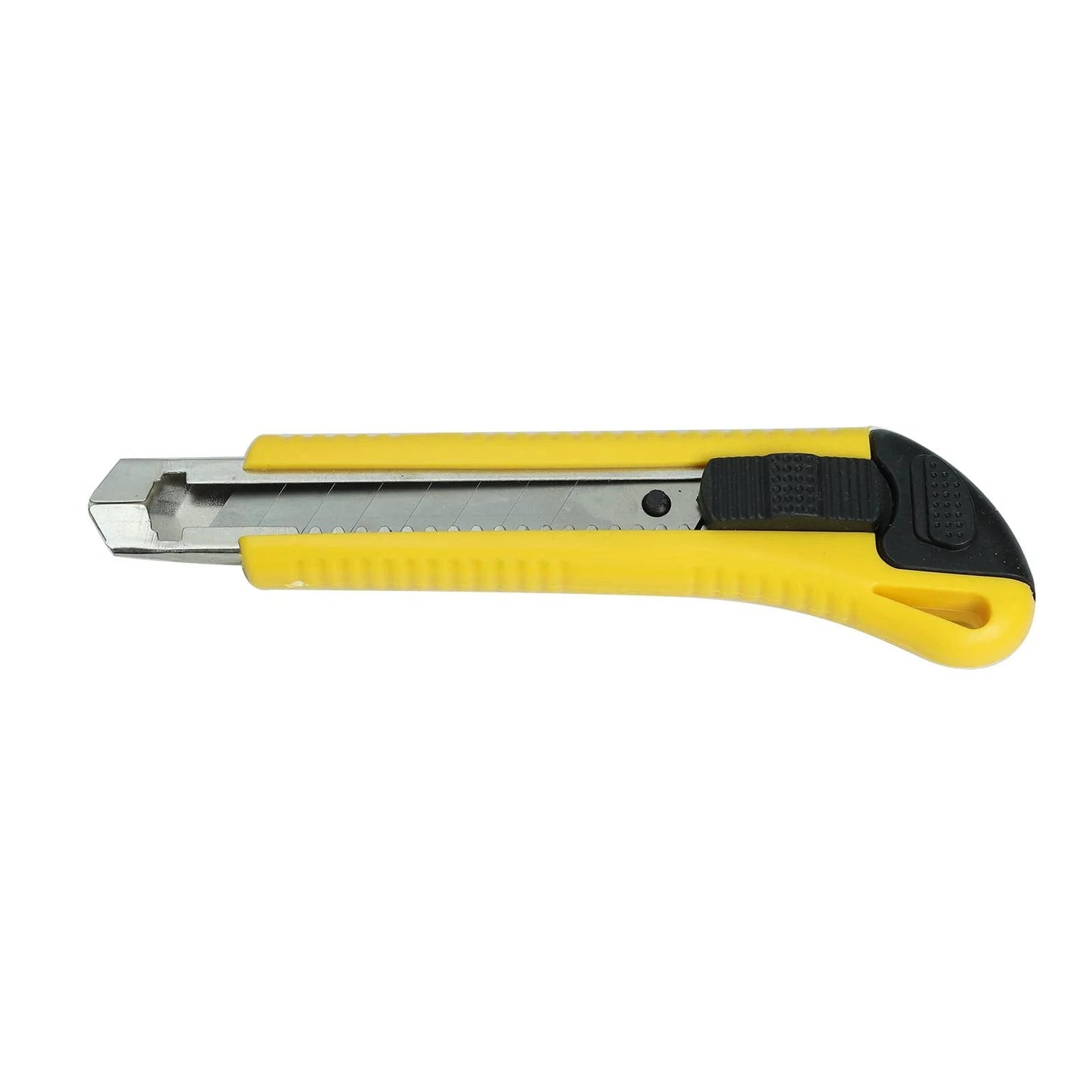 Yellow utility knife with retractable blade and black handle accents, side view.