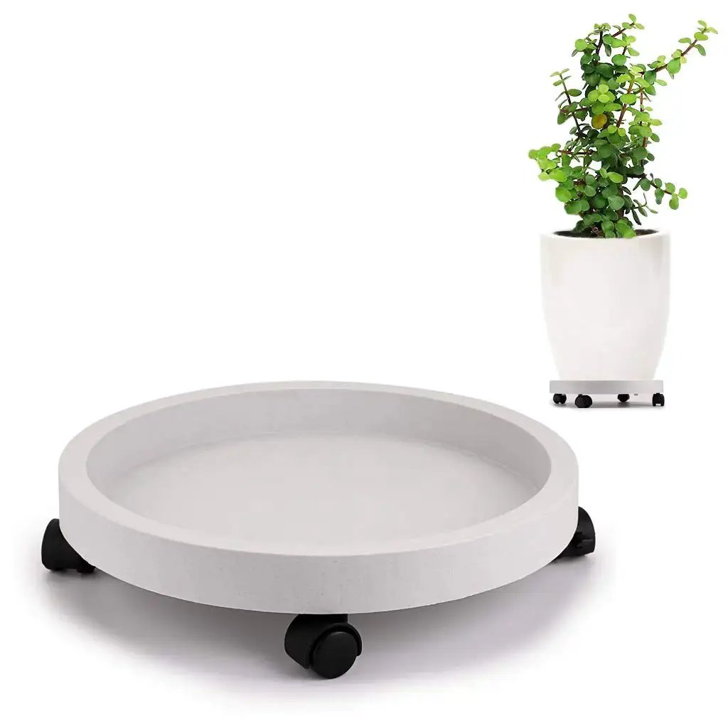 13 Inch Plant Caddy With Four Wheels For Heavy Planters And Deck Use shown with potted plant, made of durable PP resin, 120 lb capacity