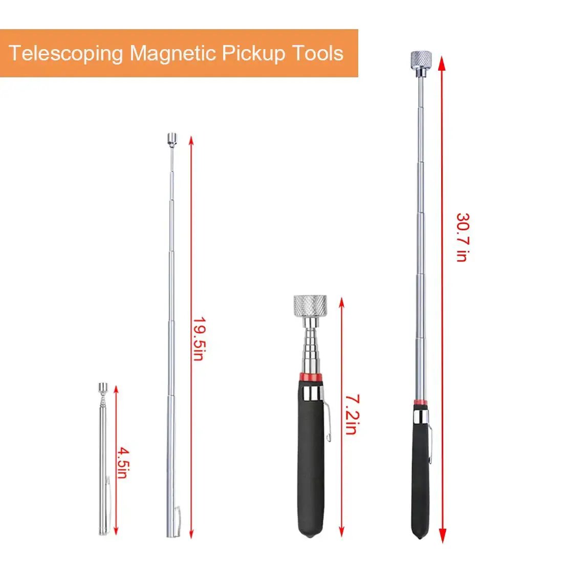 Three Pack Telescoping Magnetic Pickup Tool Set With A 15 Lb Magnet Reach From 7.2 To 30.7 Inches Plus An Extendable 1 Lb Magnet From 4.5 To 19.5 Inches And A 24 Inch Flexible Bendable Magnet Sweep Retriever For Easy Hidden Object Retrieval display