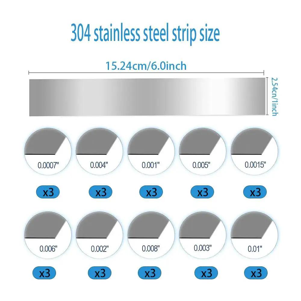 30 Piece 304 Stainless Shim Stock Set 1 Inch By 6 Inch With 10 Thicknesses showing labeled sizes and dimensions