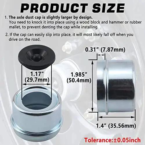 Product dimensions diagram for Trailer Hub Dust Cap Set 4 Pack 1.98 Inch Heavy Duty Spindle Bearing Grease Cap Covers With Extra Rubber Plugs For 2000 To 3500 Lb Boat Trailers Dexter EZ Lube Axles RV Camper And Trailer.