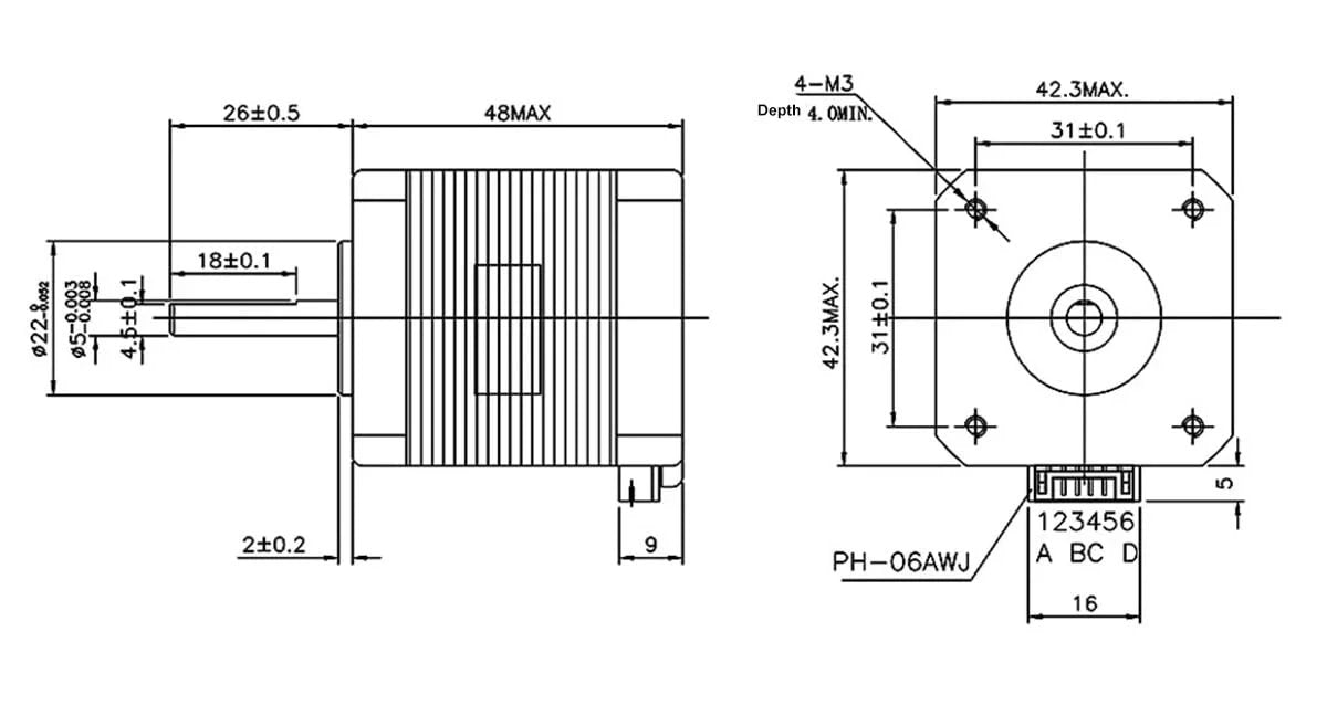 Technical diagram of 5 Pack NEMA 17 Stepper Motors 2A Bipolar Beefy Torque 59 Ncm 84 Oz In 48mm 4 Lead With 1 Meter Cable And Connector