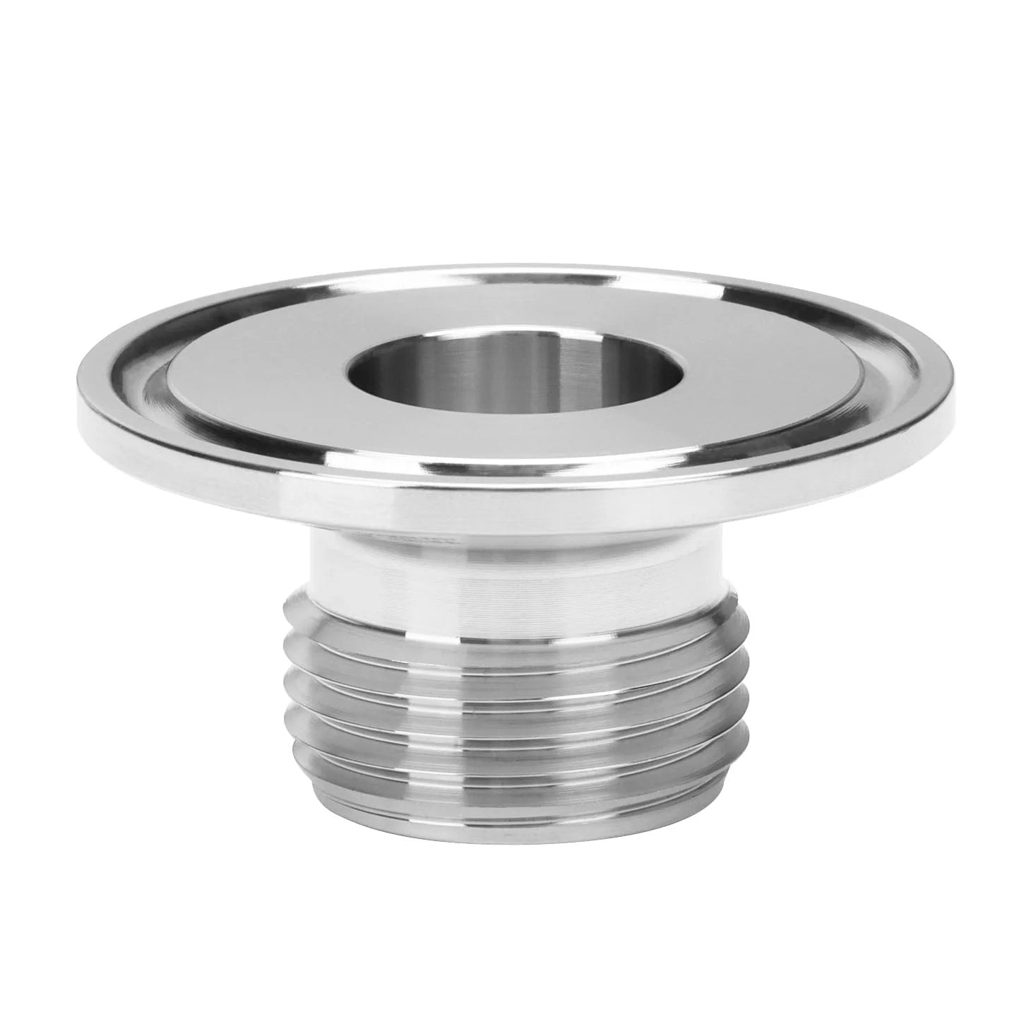 Sanitary Garden Hose Thread Fitting 3 Quarter Inch GHT Male to 1.5 Inch Tri Clamp, SS304 Stainless Steel adapter side view.