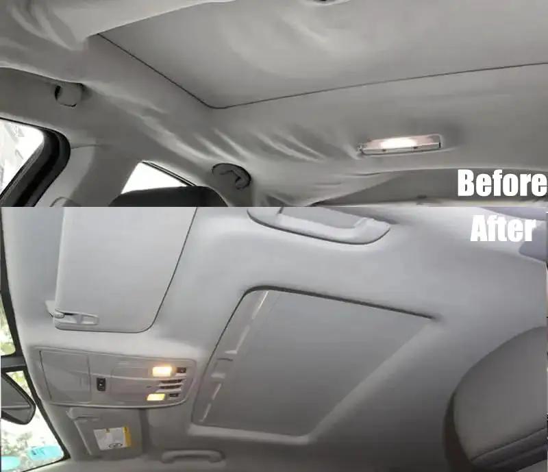 Before and after car interior with installed 60 Inch Wide Suede Headliner Fabric With Foam Backing Pink Auto Roof Upholstery.