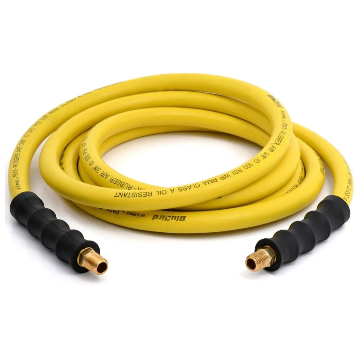 Next Gen Oil Resistant Air Hose Three Eighths Inch By Fifteen Feet With RMA Class A Nitrile Core And Cover Ultra Flexible And Thirty Percent Lighter For Easy Maneuverability OilShield coiled with brass fittings