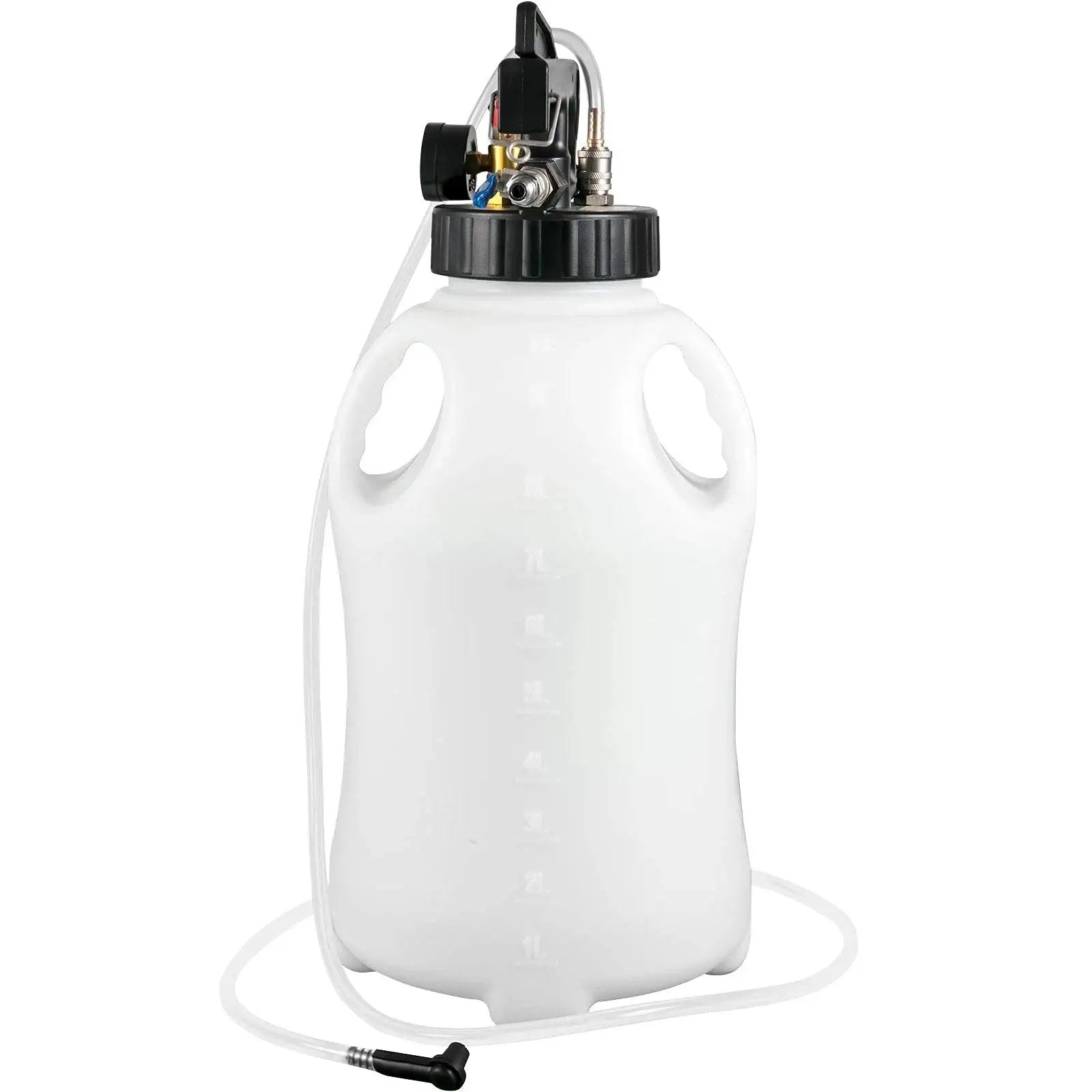 Two Way ATF Transmission Fluid Pump Dispenser Kit With 14 Adapters 10L Capacity showing large white container and hose