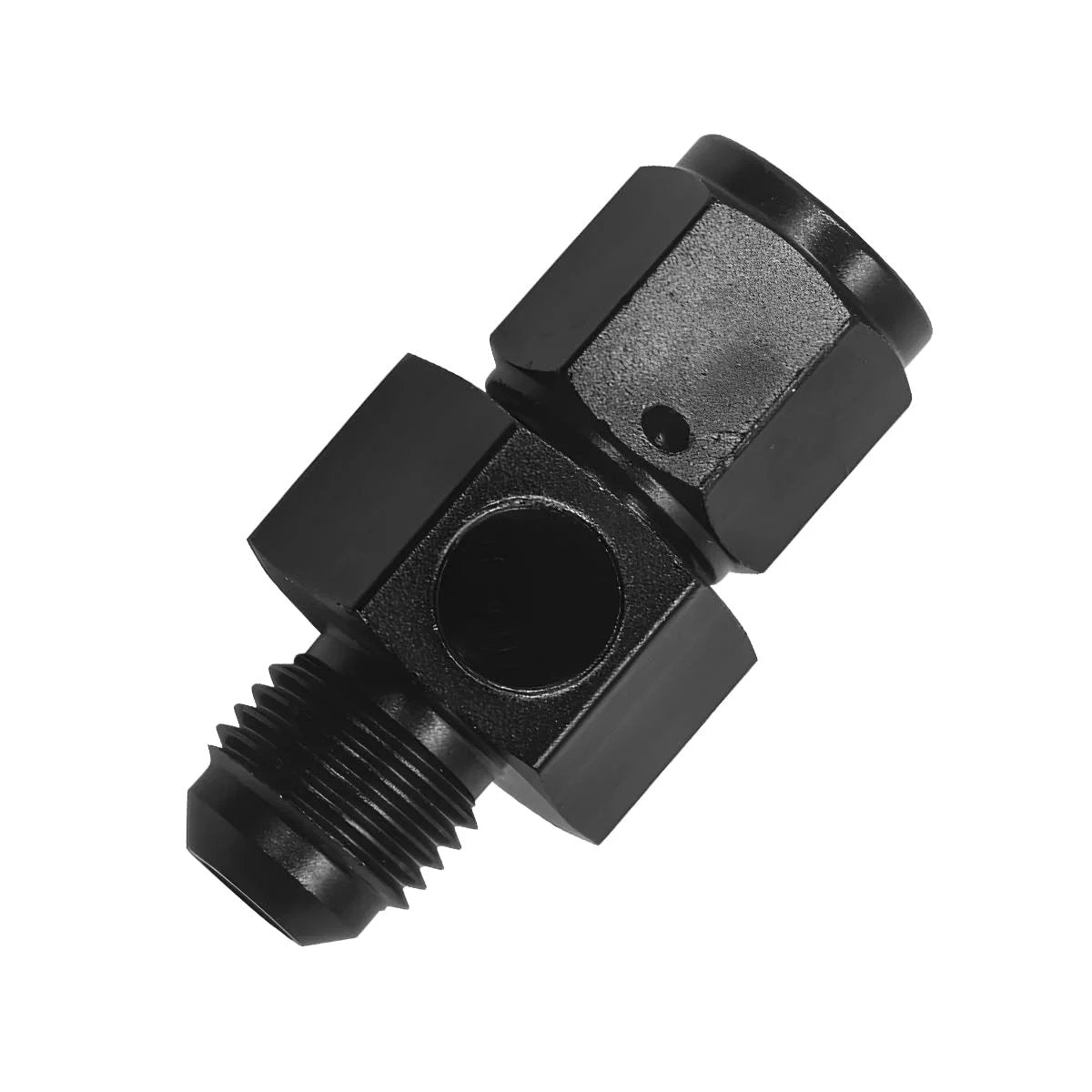 Black aluminum 6AN Male Flare to 6AN Female Swivel Fitting Adapter with 1/8 NPT Gauge Port for fuel oil lines.